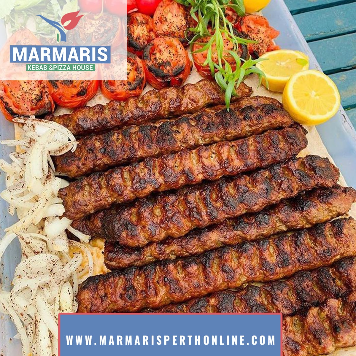 sizzling kebabs with salad and lime served at Marmaris Kebab & Pizza House Perth